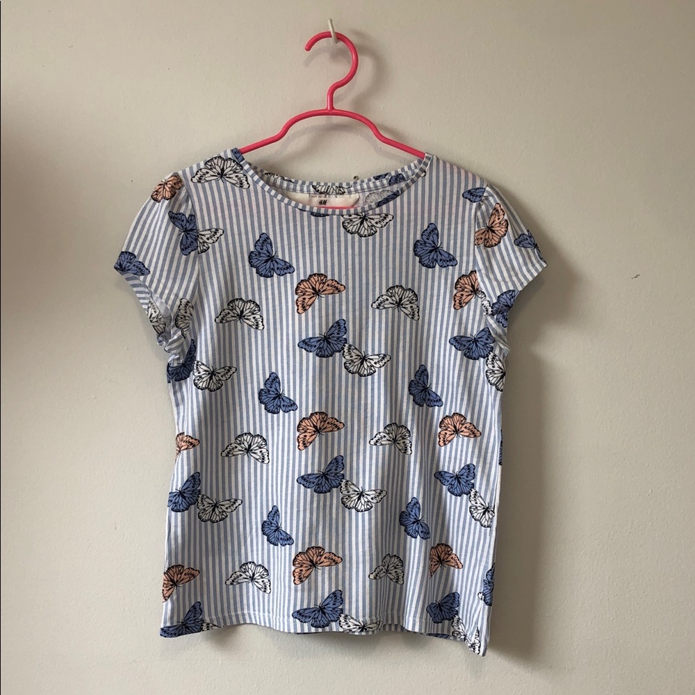 H&M Blue & White Striped Butterfly Short Sleeve Tee